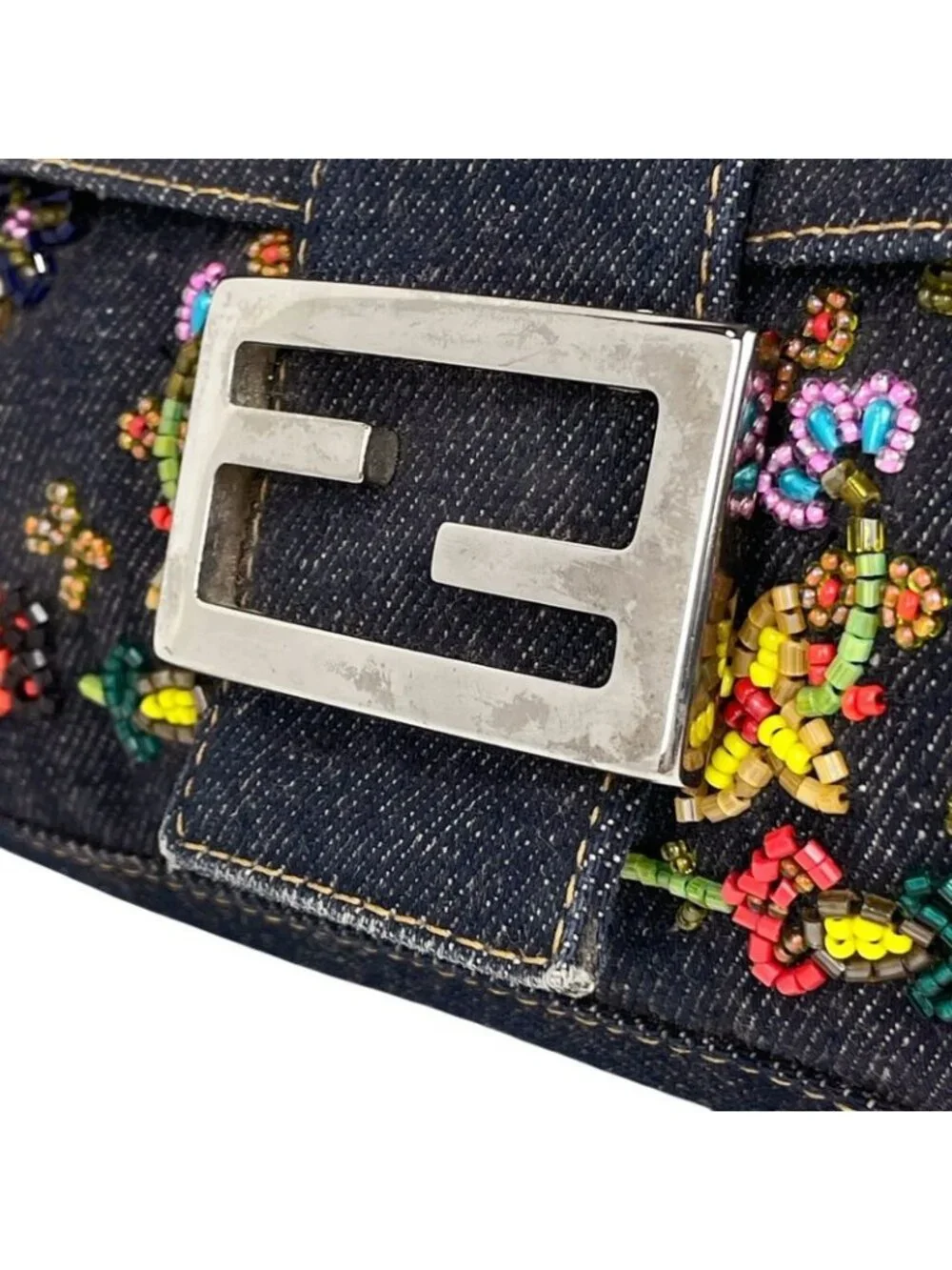 Fendi Zucca Pattern Mamma Baguette Beads Embroidery Shoulder Bag Denim Navy - Picture 7 of 15